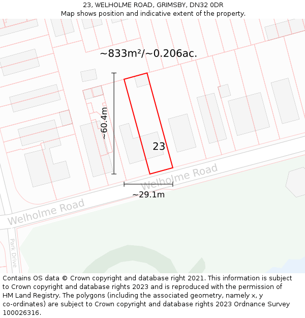 23, WELHOLME ROAD, GRIMSBY, DN32 0DR: Plot and title map