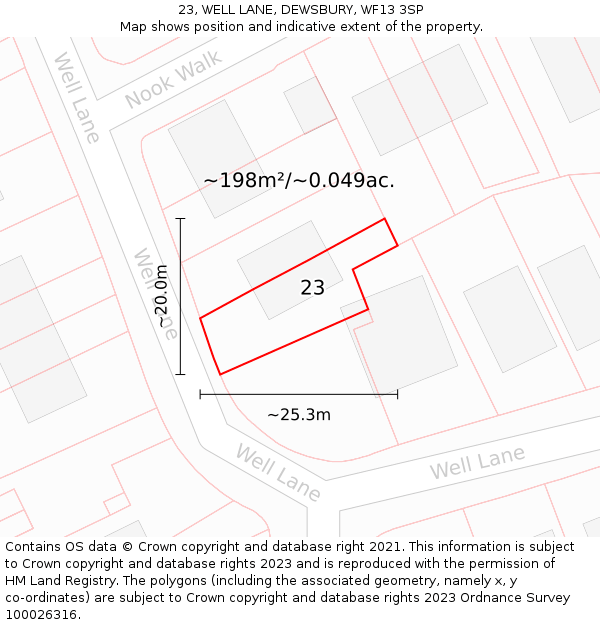23, WELL LANE, DEWSBURY, WF13 3SP: Plot and title map