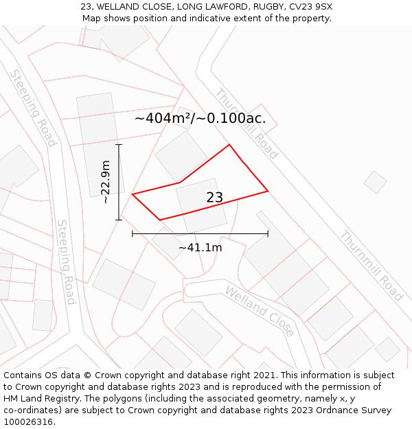23, WELLAND CLOSE, LONG LAWFORD, RUGBY, CV23 9SX: Plot and title map