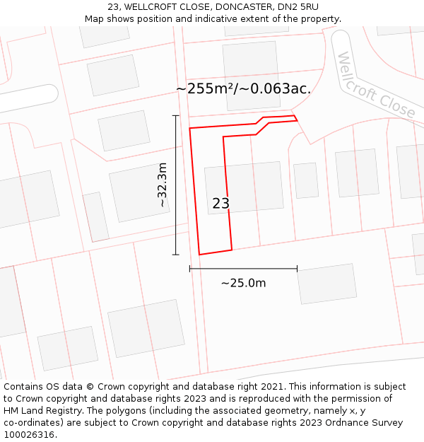 23, WELLCROFT CLOSE, DONCASTER, DN2 5RU: Plot and title map