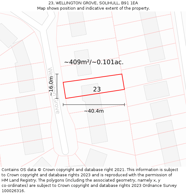 23, WELLINGTON GROVE, SOLIHULL, B91 1EA: Plot and title map