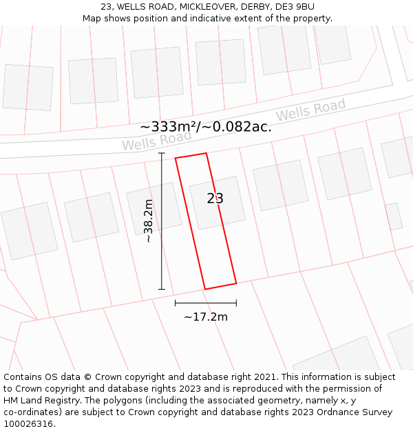 23, WELLS ROAD, MICKLEOVER, DERBY, DE3 9BU: Plot and title map