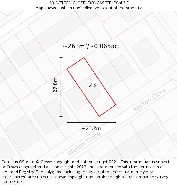 23, WELTON CLOSE, DONCASTER, DN4 7JF: Plot and title map