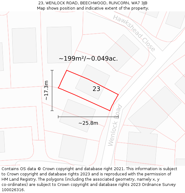 23, WENLOCK ROAD, BEECHWOOD, RUNCORN, WA7 3JB: Plot and title map