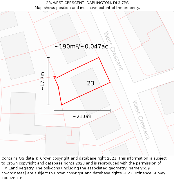 23, WEST CRESCENT, DARLINGTON, DL3 7PS: Plot and title map