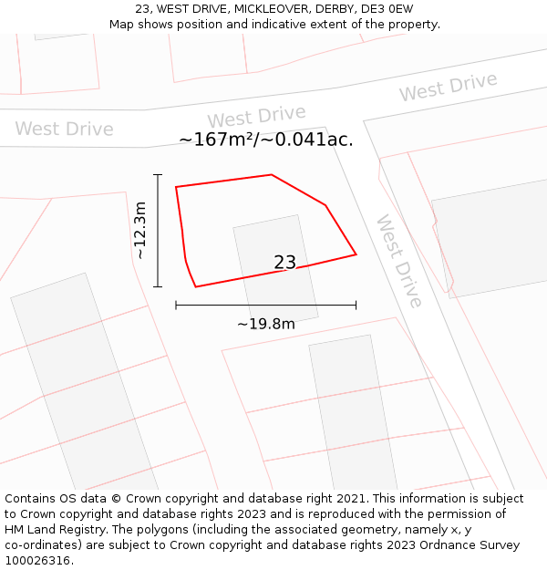 23, WEST DRIVE, MICKLEOVER, DERBY, DE3 0EW: Plot and title map