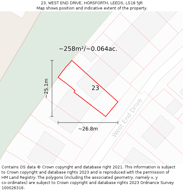 23, WEST END DRIVE, HORSFORTH, LEEDS, LS18 5JR: Plot and title map