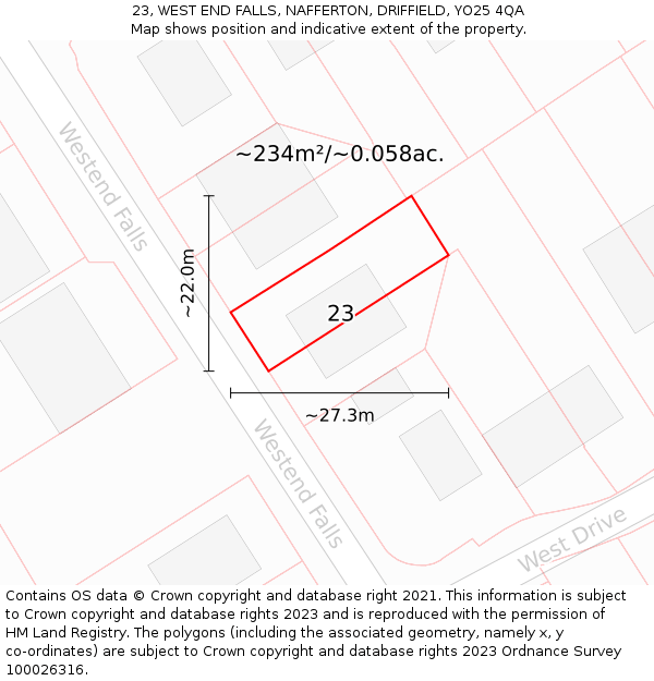 23, WEST END FALLS, NAFFERTON, DRIFFIELD, YO25 4QA: Plot and title map