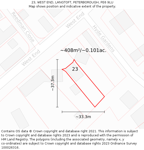 23, WEST END, LANGTOFT, PETERBOROUGH, PE6 9LU: Plot and title map
