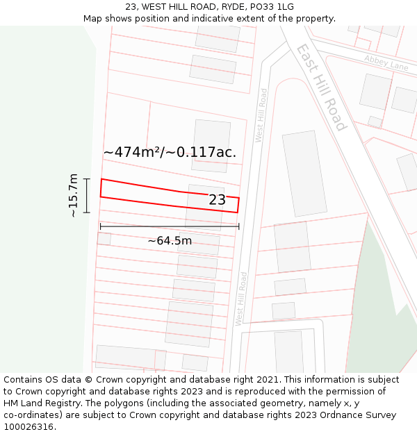 23, WEST HILL ROAD, RYDE, PO33 1LG: Plot and title map