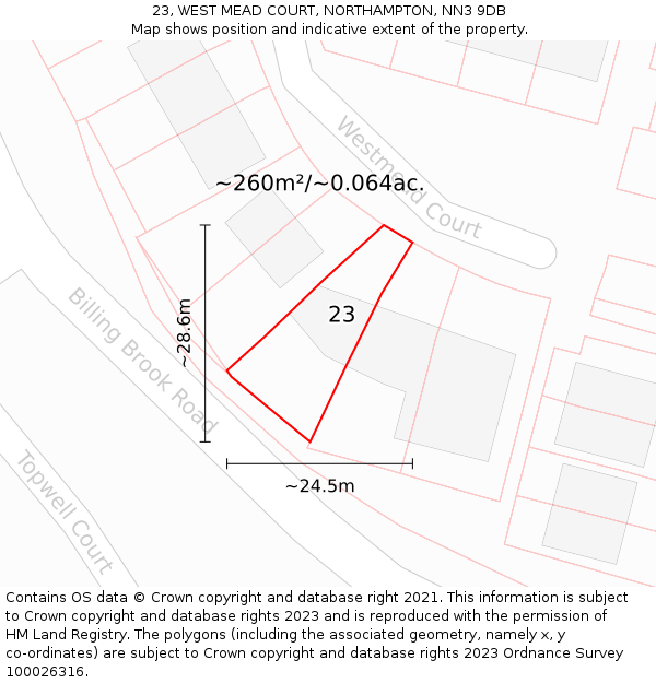 23, WEST MEAD COURT, NORTHAMPTON, NN3 9DB: Plot and title map