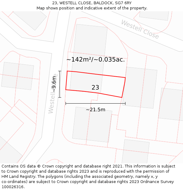 23, WESTELL CLOSE, BALDOCK, SG7 6RY: Plot and title map