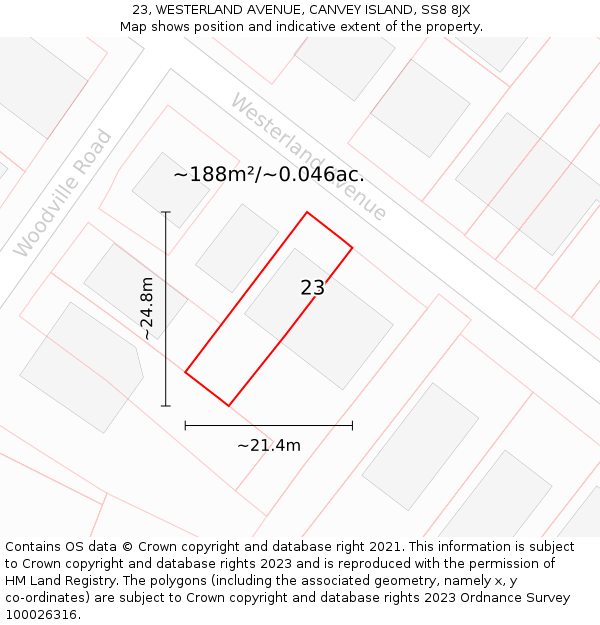 23, WESTERLAND AVENUE, CANVEY ISLAND, SS8 8JX: Plot and title map