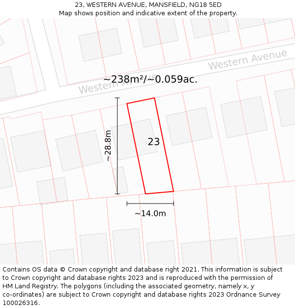 23, WESTERN AVENUE, MANSFIELD, NG18 5ED: Plot and title map