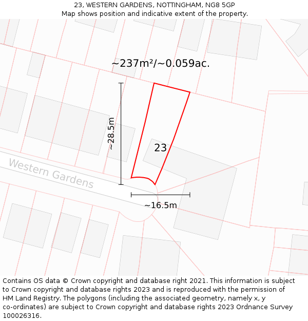 23, WESTERN GARDENS, NOTTINGHAM, NG8 5GP: Plot and title map