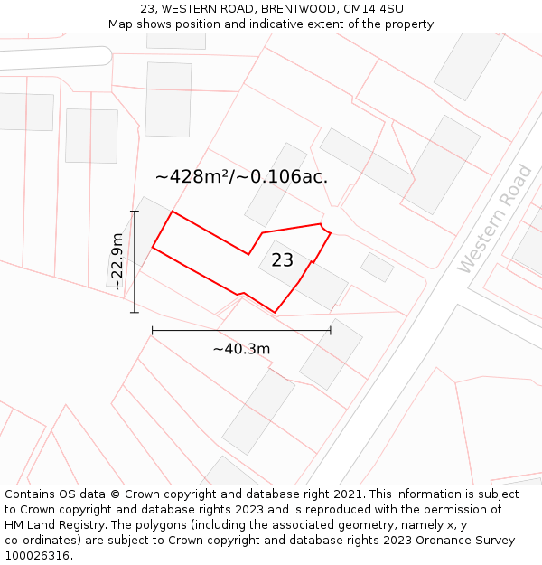 23, WESTERN ROAD, BRENTWOOD, CM14 4SU: Plot and title map