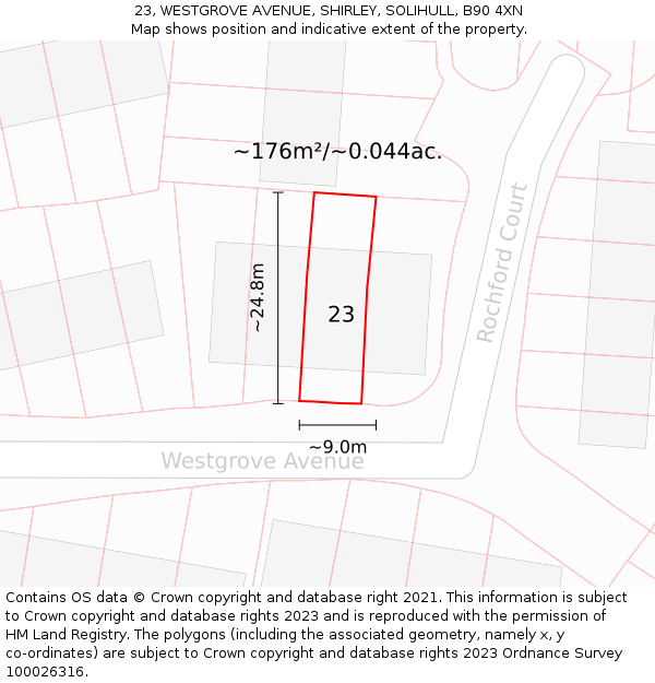 23, WESTGROVE AVENUE, SHIRLEY, SOLIHULL, B90 4XN: Plot and title map