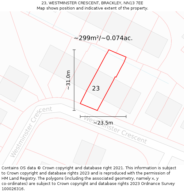 23, WESTMINSTER CRESCENT, BRACKLEY, NN13 7EE: Plot and title map