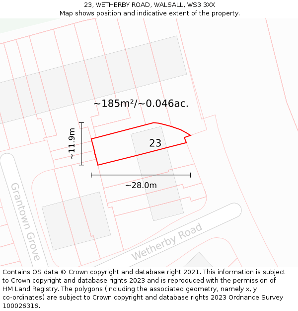 23, WETHERBY ROAD, WALSALL, WS3 3XX: Plot and title map