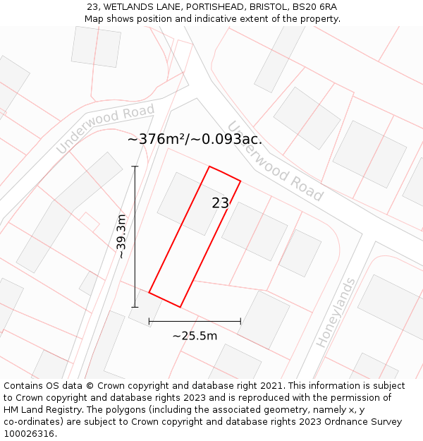 23, WETLANDS LANE, PORTISHEAD, BRISTOL, BS20 6RA: Plot and title map