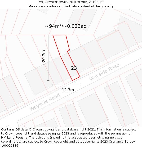 23, WEYSIDE ROAD, GUILDFORD, GU1 1HZ: Plot and title map