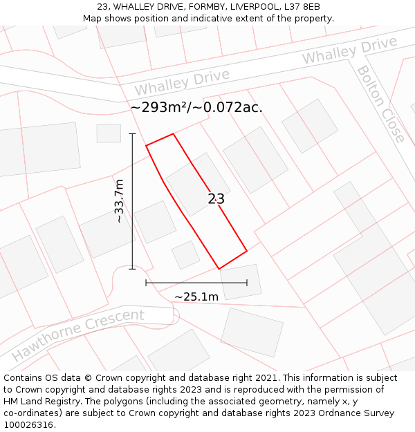 23, WHALLEY DRIVE, FORMBY, LIVERPOOL, L37 8EB: Plot and title map
