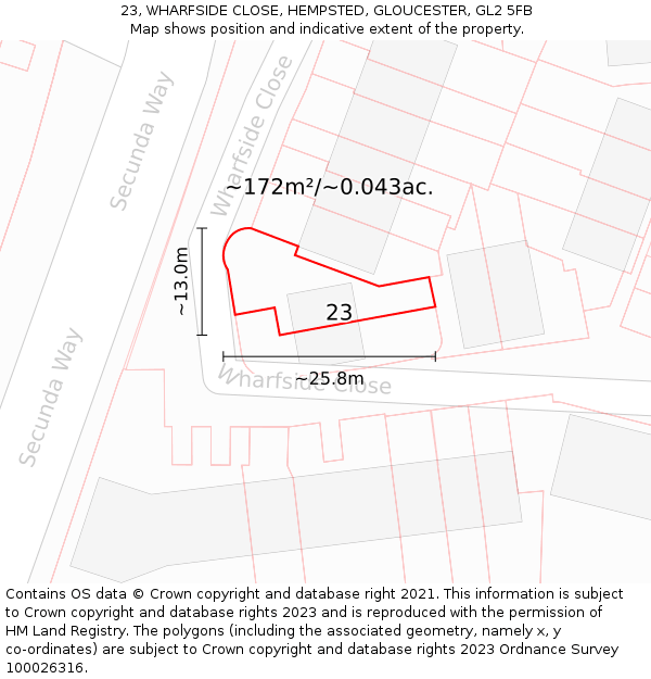 23, WHARFSIDE CLOSE, HEMPSTED, GLOUCESTER, GL2 5FB: Plot and title map