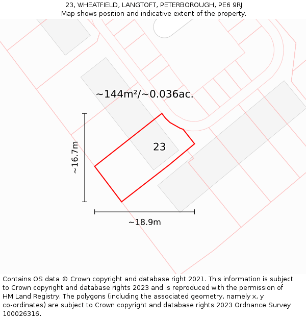 23, WHEATFIELD, LANGTOFT, PETERBOROUGH, PE6 9RJ: Plot and title map