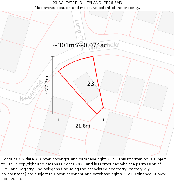 23, WHEATFIELD, LEYLAND, PR26 7AD: Plot and title map
