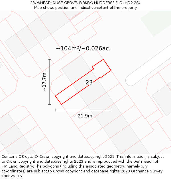 23, WHEATHOUSE GROVE, BIRKBY, HUDDERSFIELD, HD2 2SU: Plot and title map