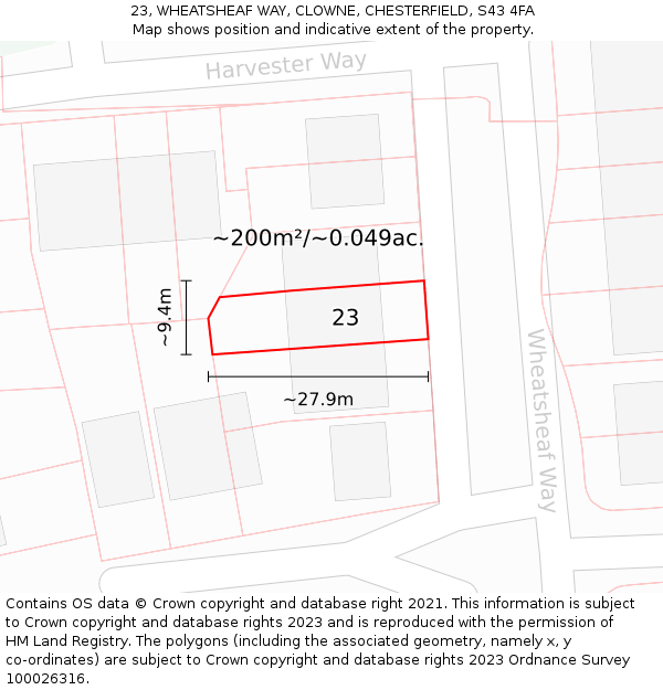 23, WHEATSHEAF WAY, CLOWNE, CHESTERFIELD, S43 4FA: Plot and title map