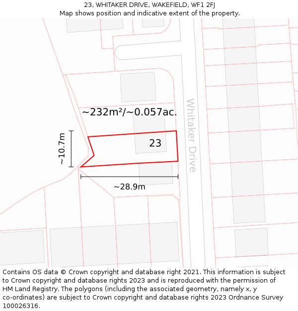 23, WHITAKER DRIVE, WAKEFIELD, WF1 2FJ: Plot and title map