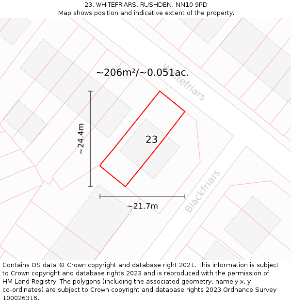 23, WHITEFRIARS, RUSHDEN, NN10 9PD: Plot and title map