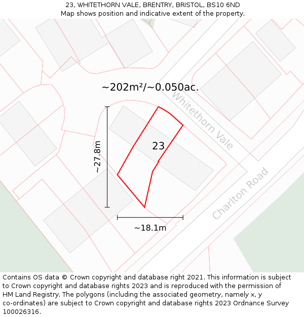 23, WHITETHORN VALE, BRENTRY, BRISTOL, BS10 6ND: Plot and title map
