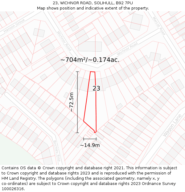 23, WICHNOR ROAD, SOLIHULL, B92 7PU: Plot and title map