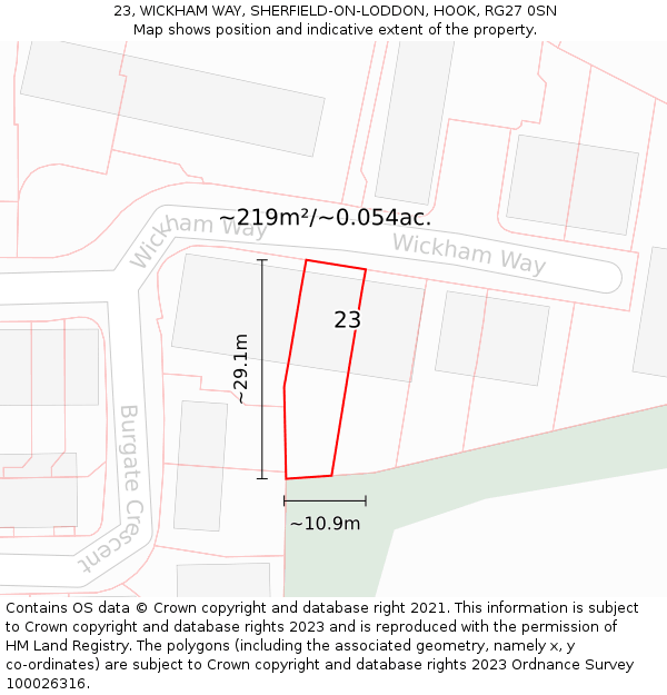 23, WICKHAM WAY, SHERFIELD-ON-LODDON, HOOK, RG27 0SN: Plot and title map
