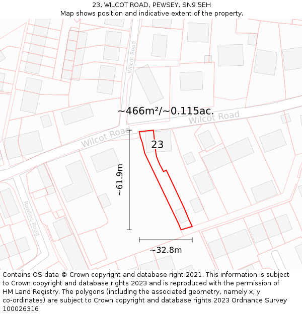 23, WILCOT ROAD, PEWSEY, SN9 5EH: Plot and title map
