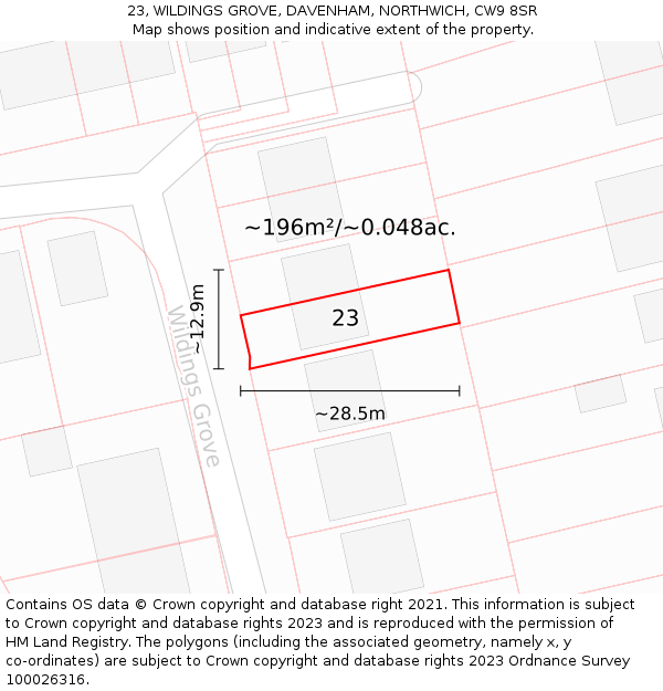 23, WILDINGS GROVE, DAVENHAM, NORTHWICH, CW9 8SR: Plot and title map