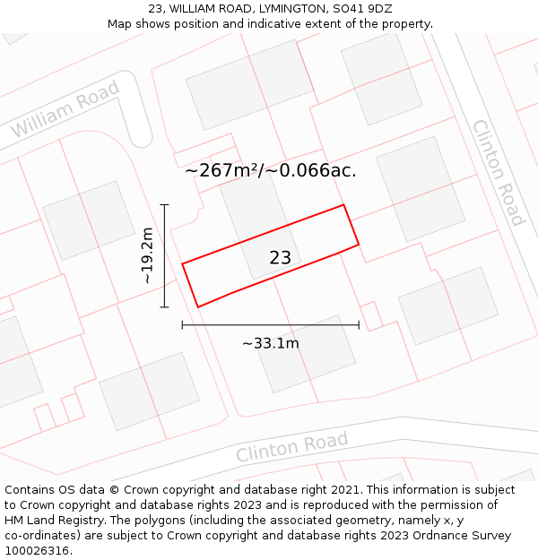 23, WILLIAM ROAD, LYMINGTON, SO41 9DZ: Plot and title map