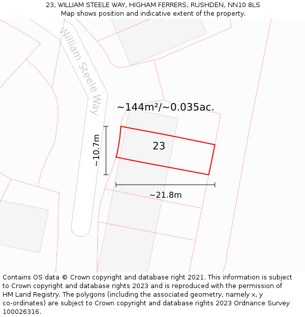 23, WILLIAM STEELE WAY, HIGHAM FERRERS, RUSHDEN, NN10 8LS: Plot and title map