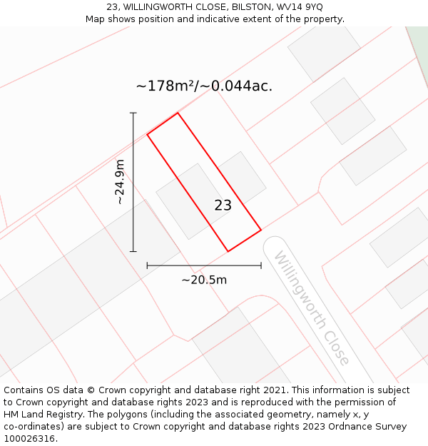 23, WILLINGWORTH CLOSE, BILSTON, WV14 9YQ: Plot and title map