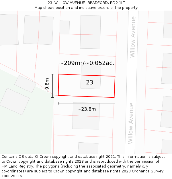 23, WILLOW AVENUE, BRADFORD, BD2 1LT: Plot and title map
