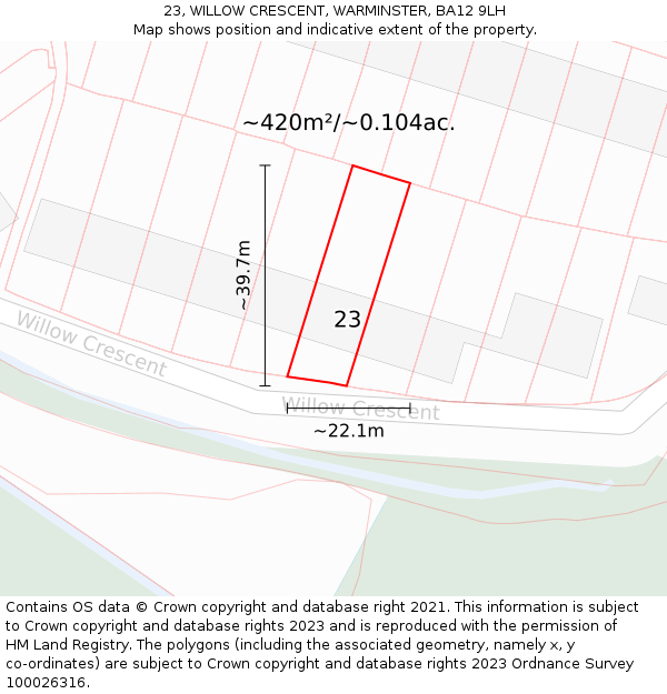 23, WILLOW CRESCENT, WARMINSTER, BA12 9LH: Plot and title map