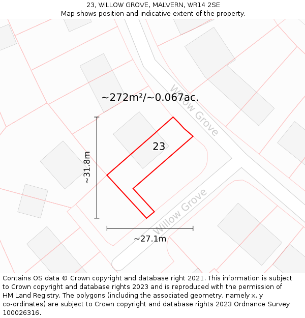 23, WILLOW GROVE, MALVERN, WR14 2SE: Plot and title map
