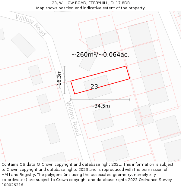 23, WILLOW ROAD, FERRYHILL, DL17 8DR: Plot and title map