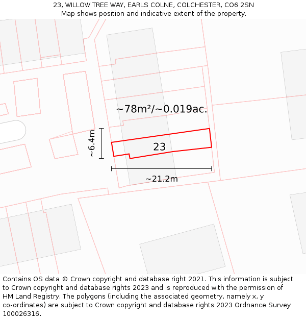 23, WILLOW TREE WAY, EARLS COLNE, COLCHESTER, CO6 2SN: Plot and title map