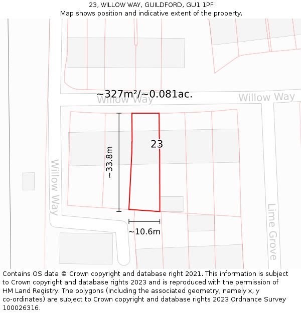 23, WILLOW WAY, GUILDFORD, GU1 1PF: Plot and title map