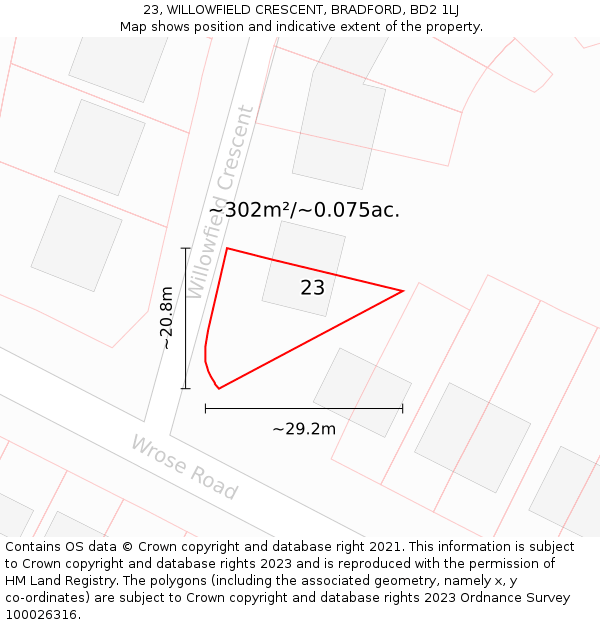 23, WILLOWFIELD CRESCENT, BRADFORD, BD2 1LJ: Plot and title map