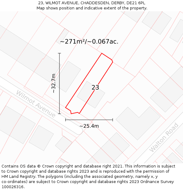 23, WILMOT AVENUE, CHADDESDEN, DERBY, DE21 6PL: Plot and title map