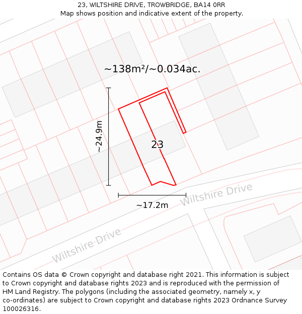 23, WILTSHIRE DRIVE, TROWBRIDGE, BA14 0RR: Plot and title map